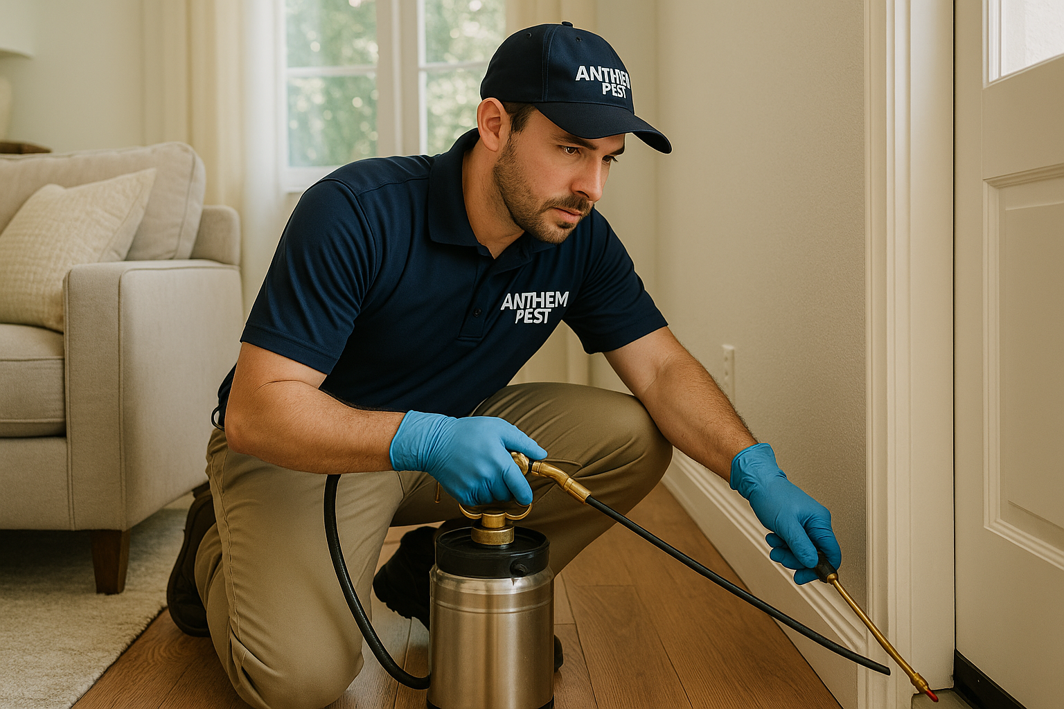 Technician applying cricket spray in a home