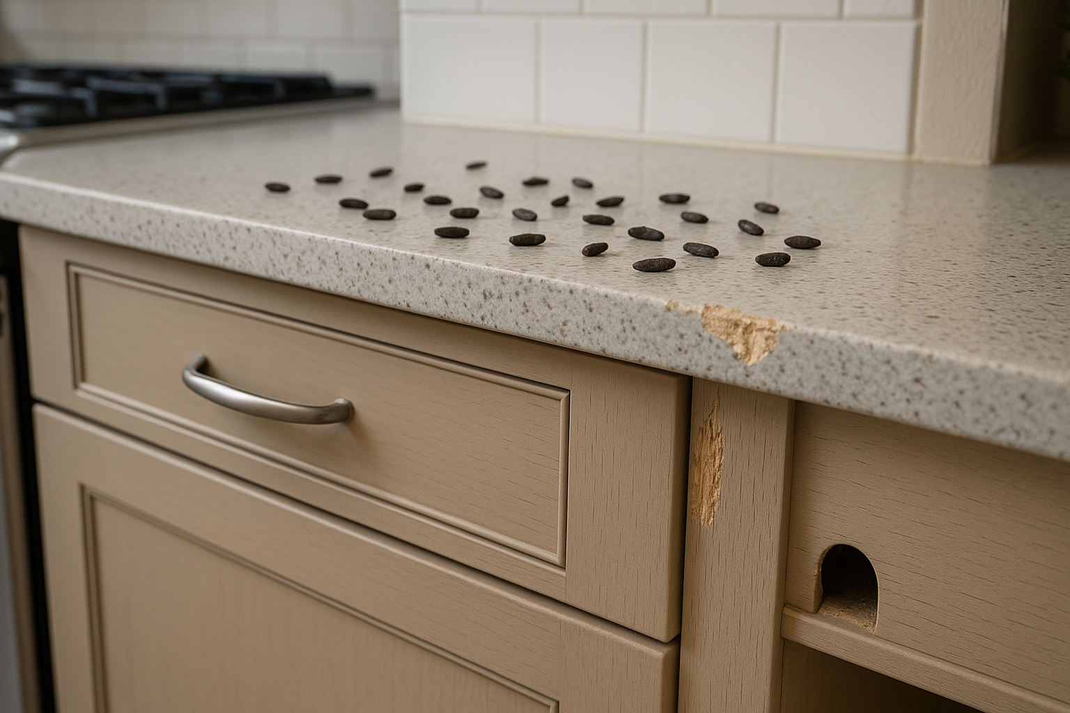 Close‑up of rat droppings and gnaw marks on a pantry shelf