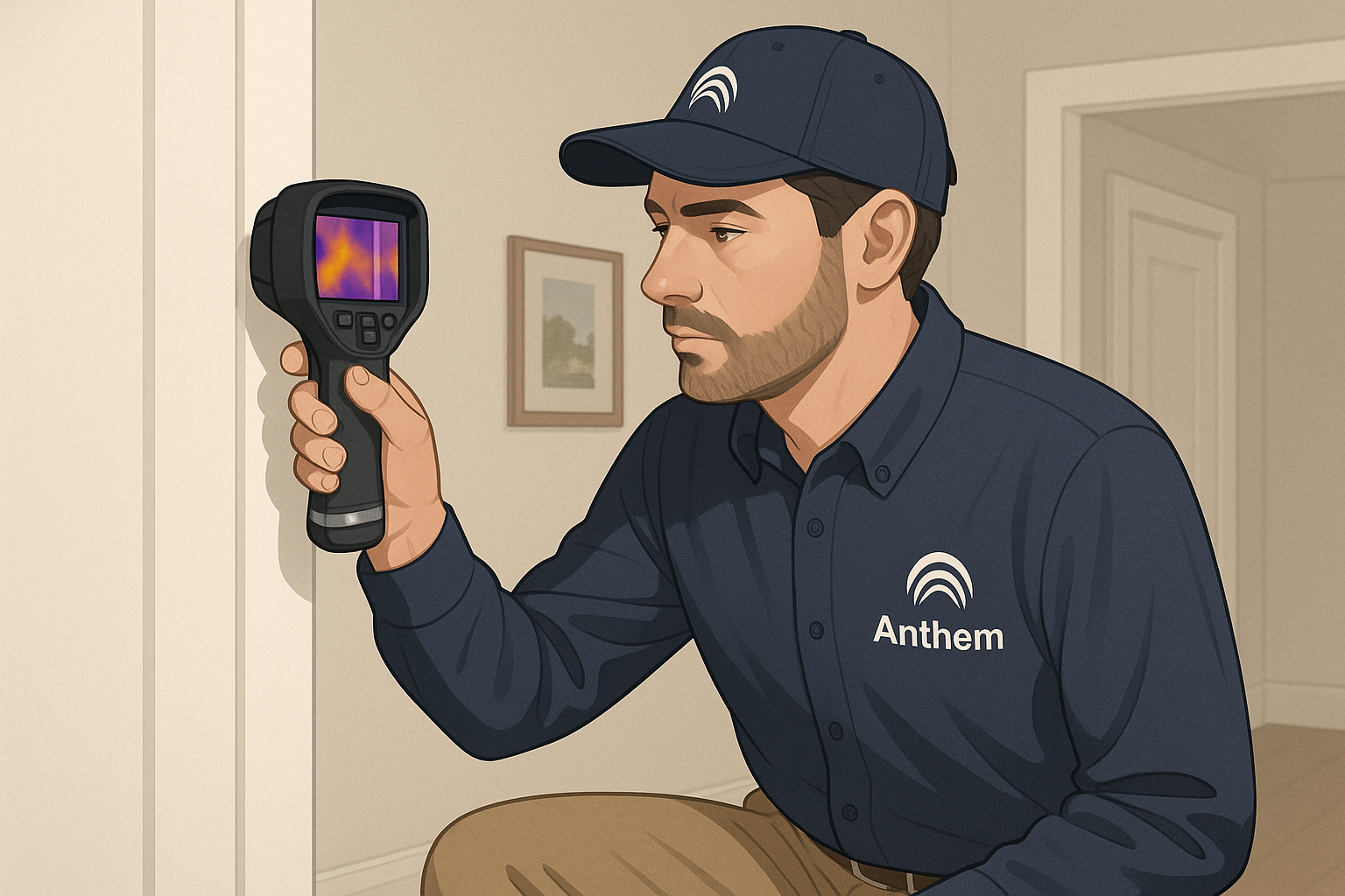 Inspector using infrared camera to locate moisture