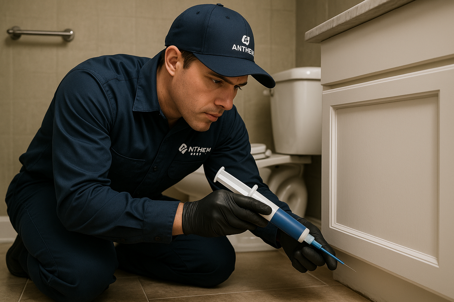 Technician applying gel bait to a kitchen crack