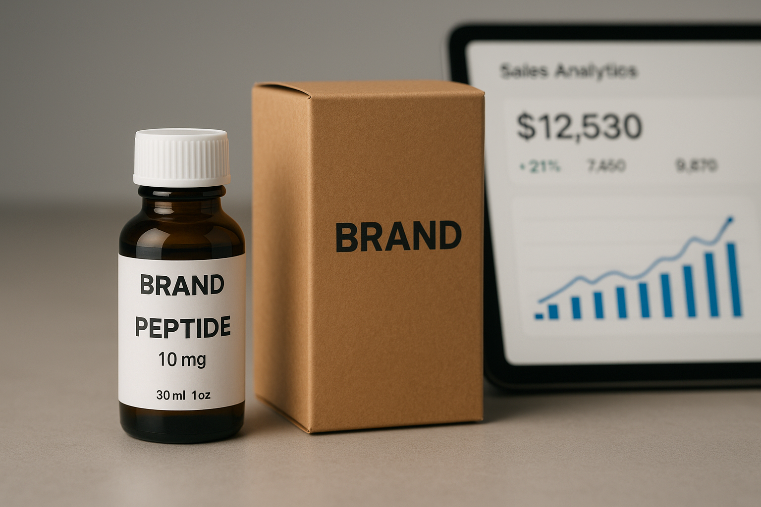 Analytics dashboard showing sales, CAC, and LTV metrics for a peptide dropshipping business