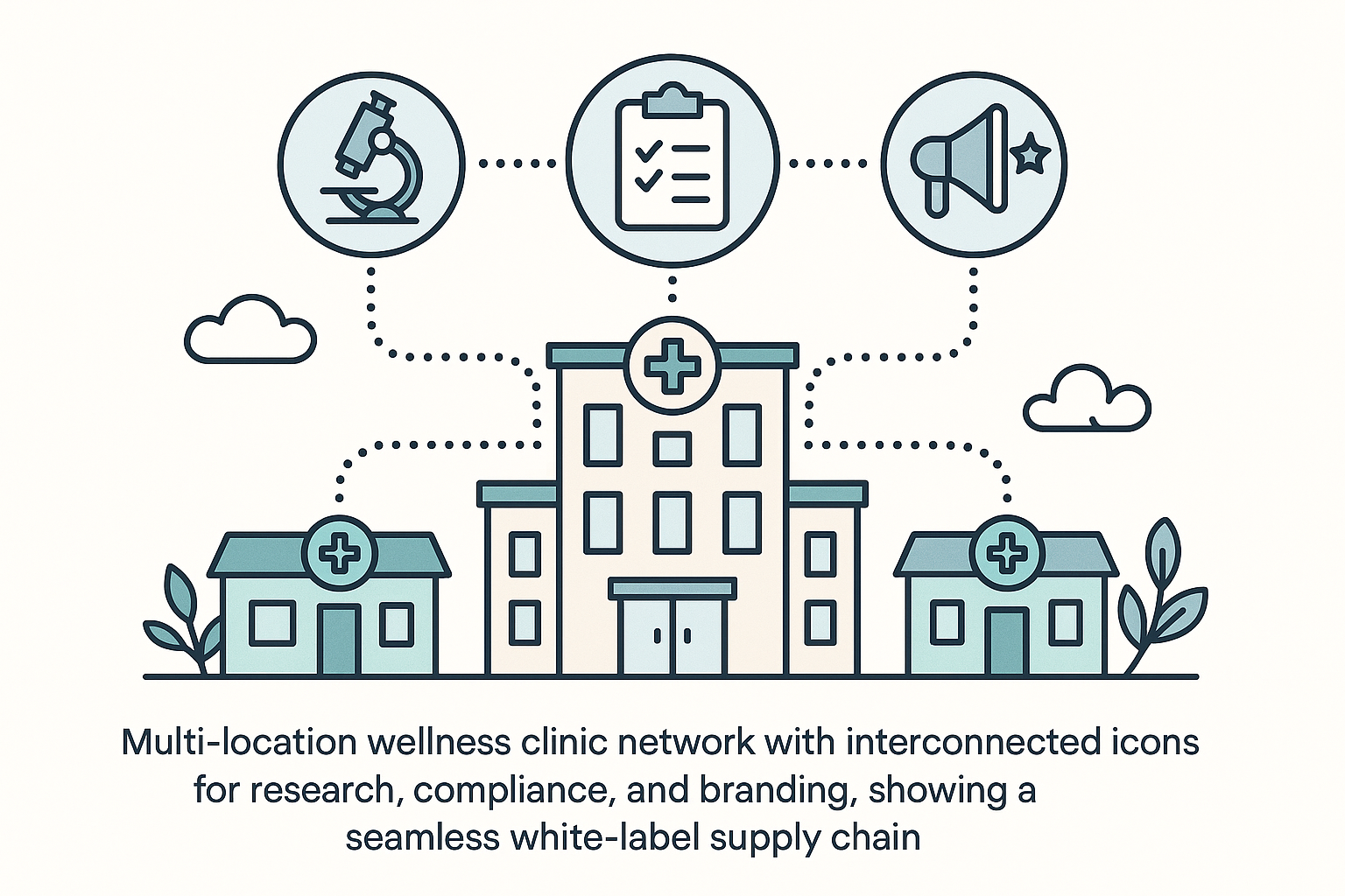 Diagram of a multi‑location clinic network showing interconnected research, compliance, and branding nodes