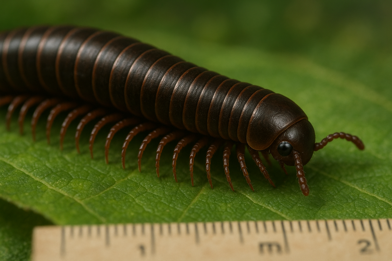 Close‑up view of a millipede showing segmented body and multiple legs