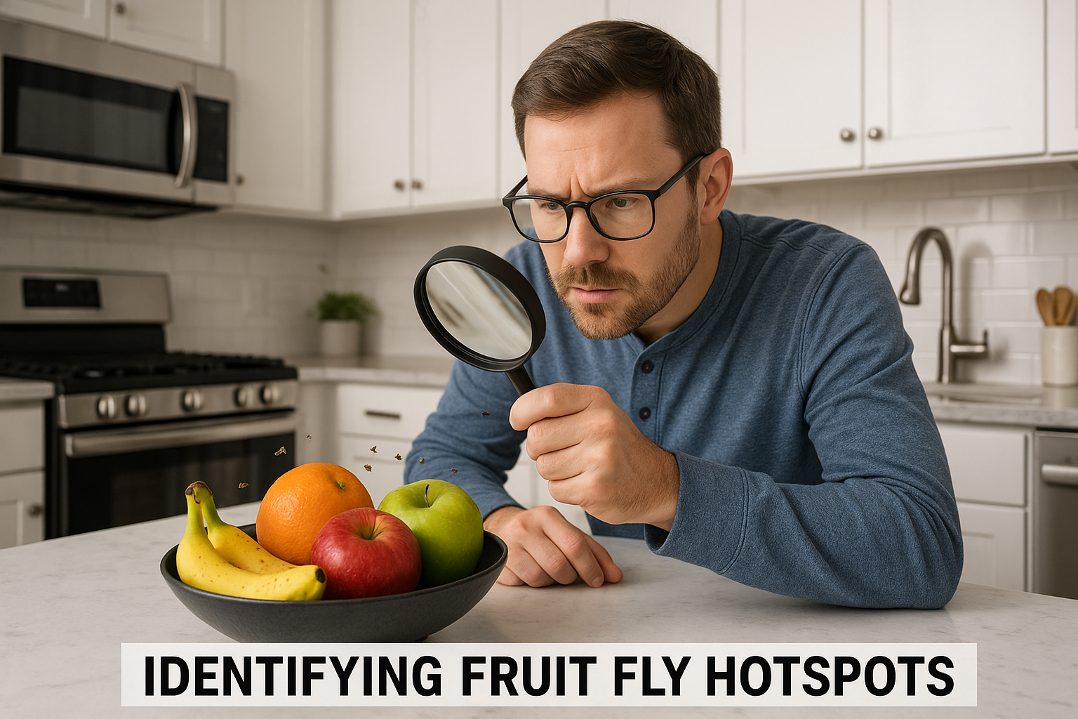 Typical kitchen hotspot where fruit flies gather, showing drains, fruit bowl, and plant