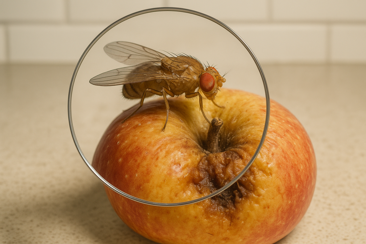 Close-up of a fruit fly showing tan-brown body, red eyes, and hovering behavior