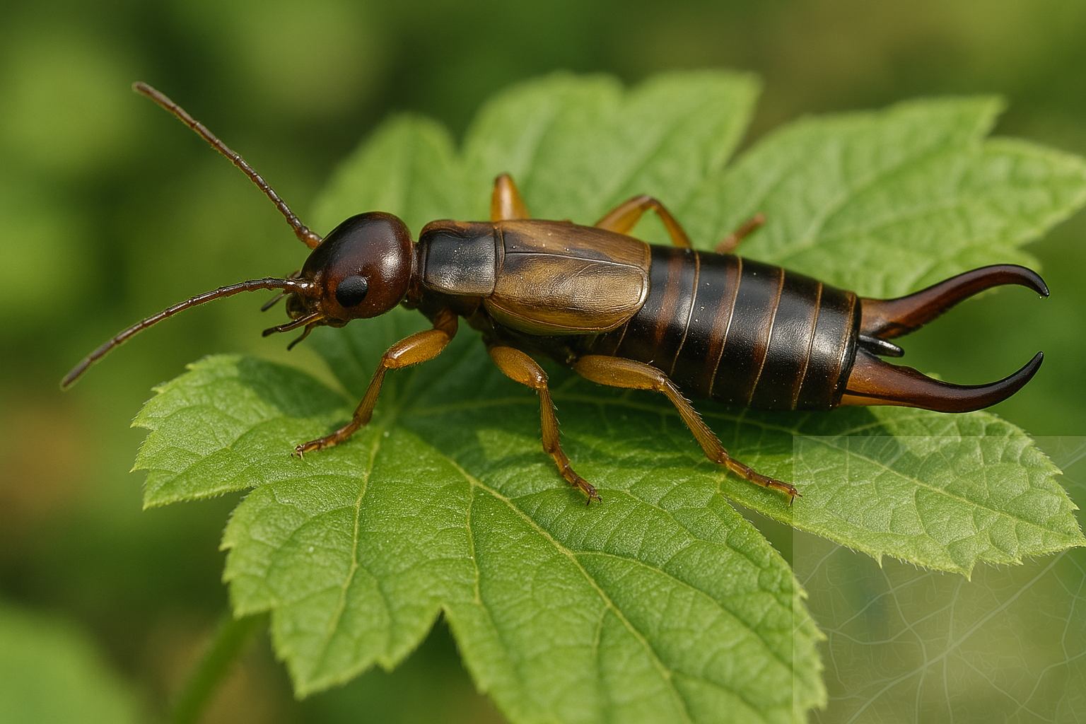 Close‑up of an earwig showing its flattened body and forceps‑like pincers