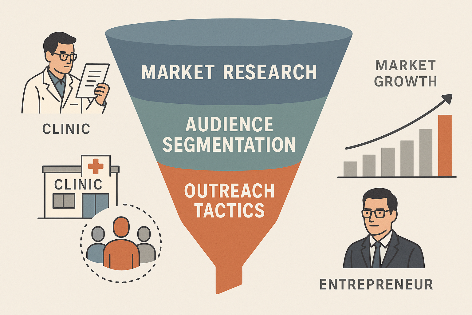 Research-to-outreach funnel illustrating market research, segmentation, and targeted tactics
