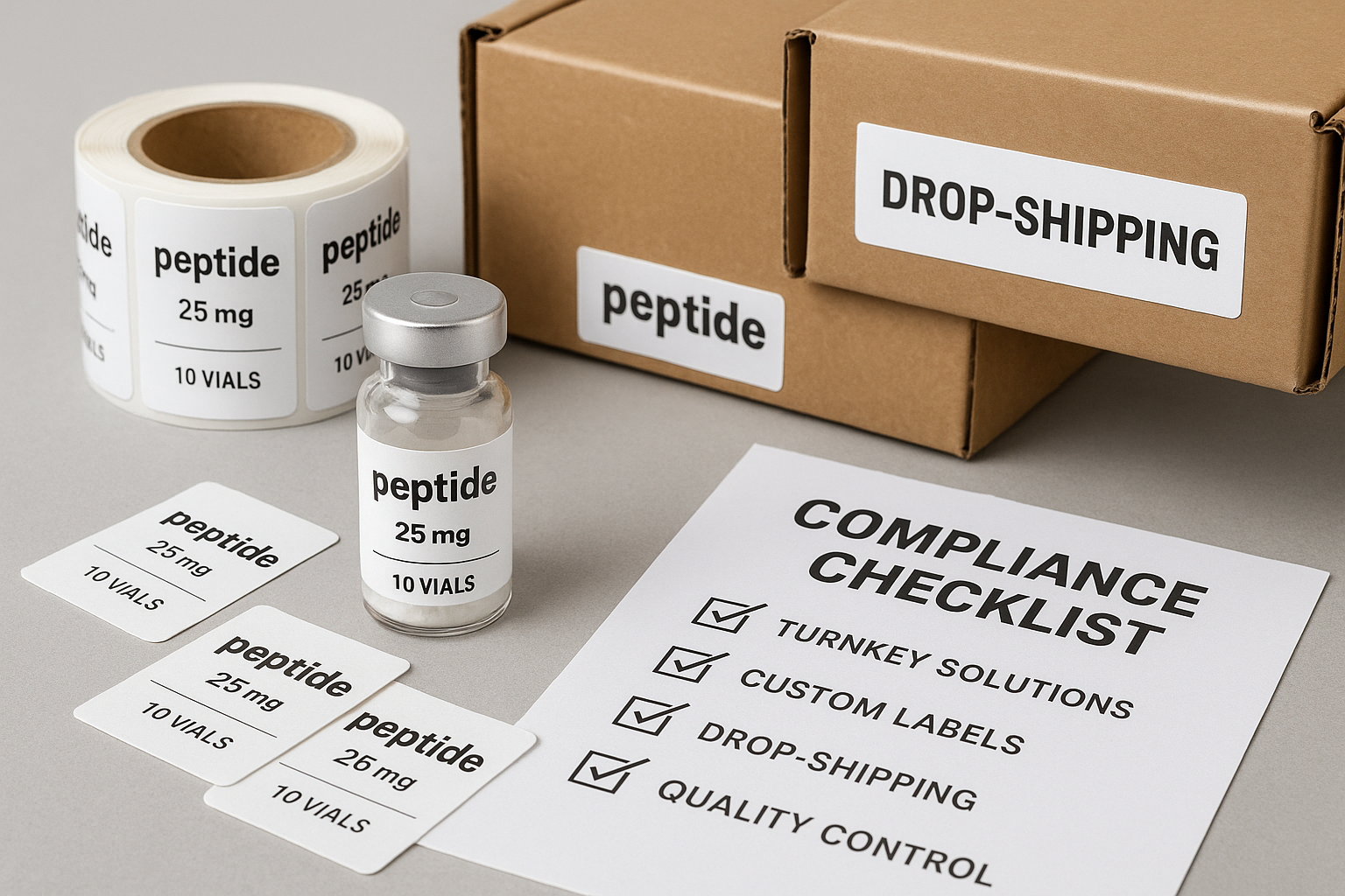 Illustration of YPB's turnkey peptide packaging line from order entry to finished product