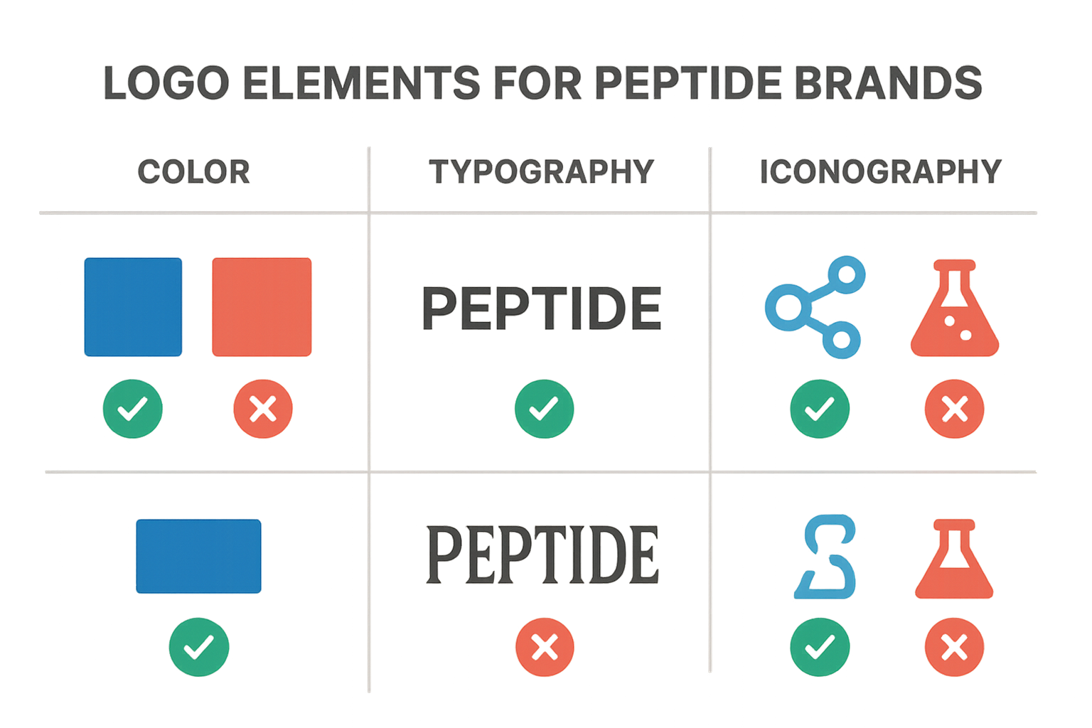 Side‑by‑side visual identity audit infographic for peptide brand logos