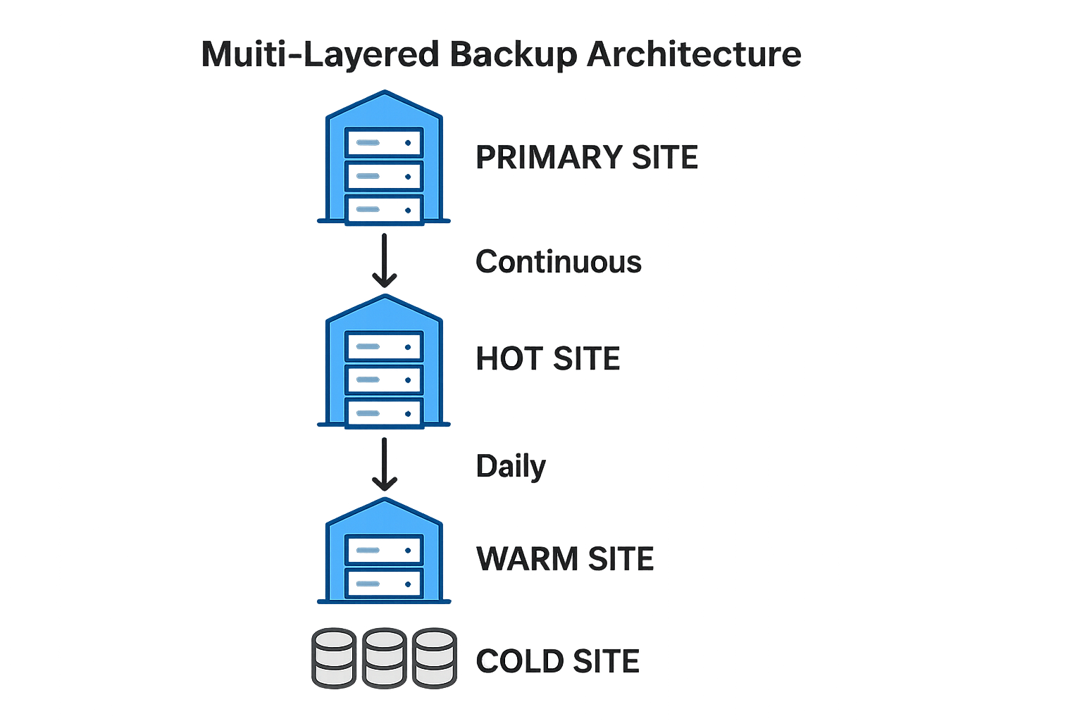 Diagram of multi‑layered backup architecture showing primary, hot, warm, and cold sites