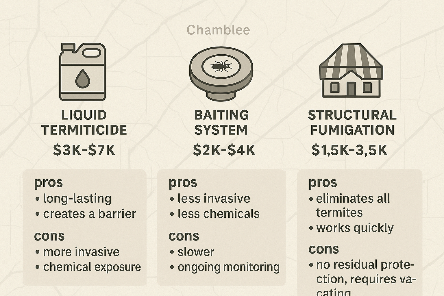 Infographic comparing liquid termiticide, baiting system, structural fumigation, and heat treatment