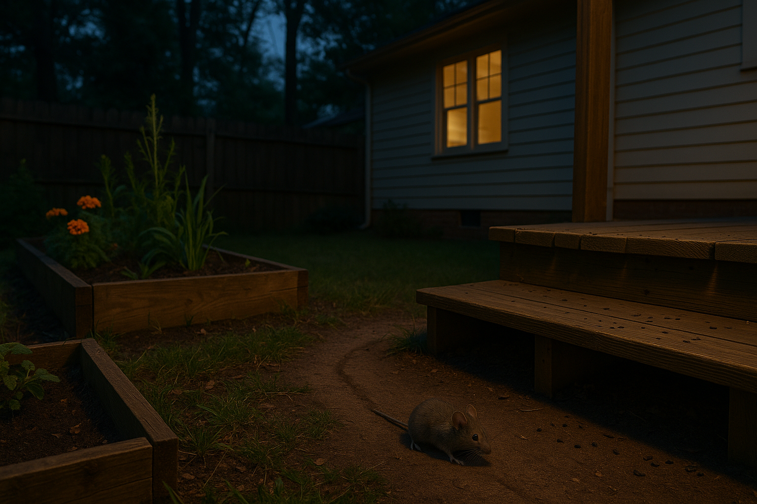 Typical mouse signs such as droppings, gnaw marks, and nesting material