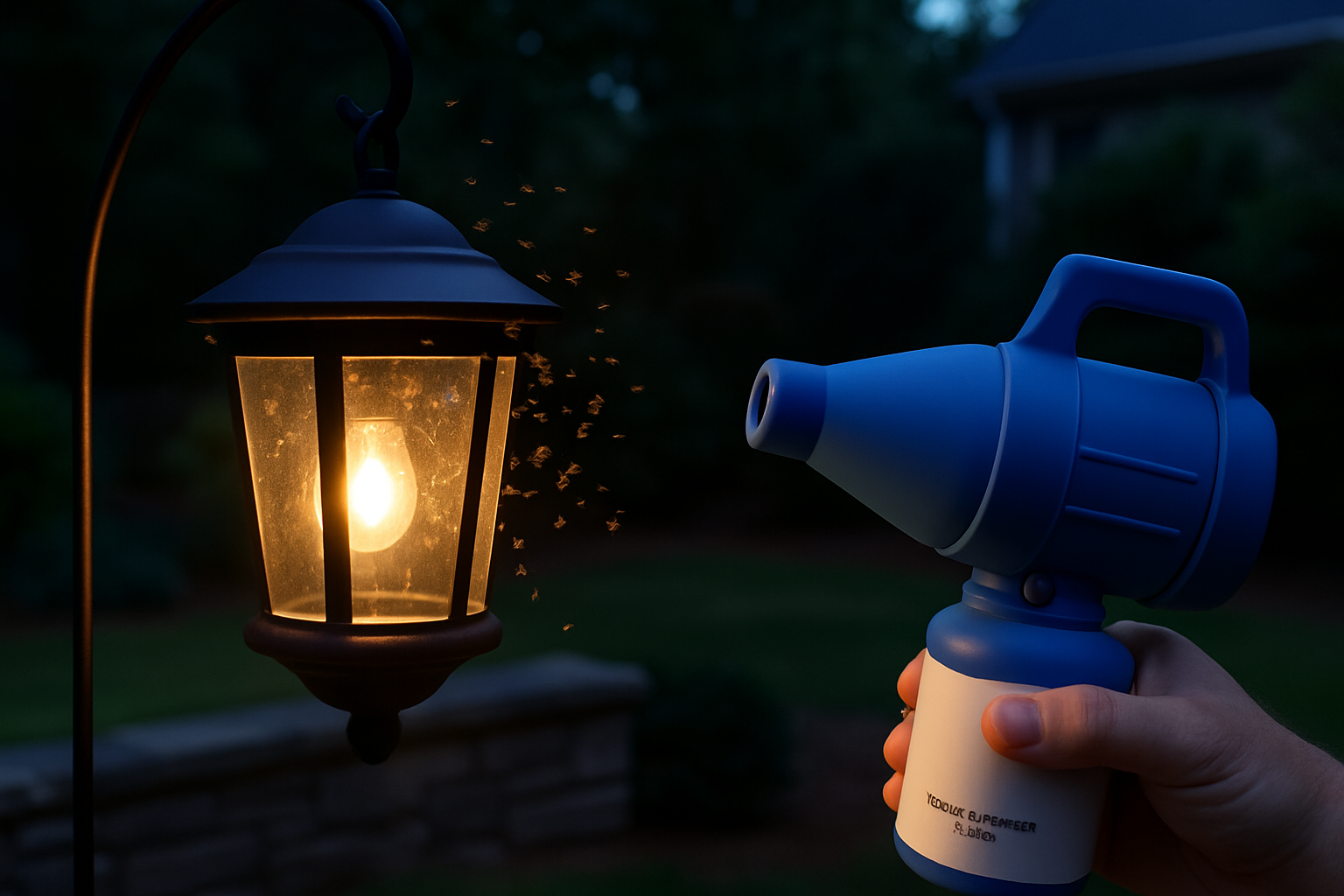 Close‑up view of tiny gnats hovering near a patio light