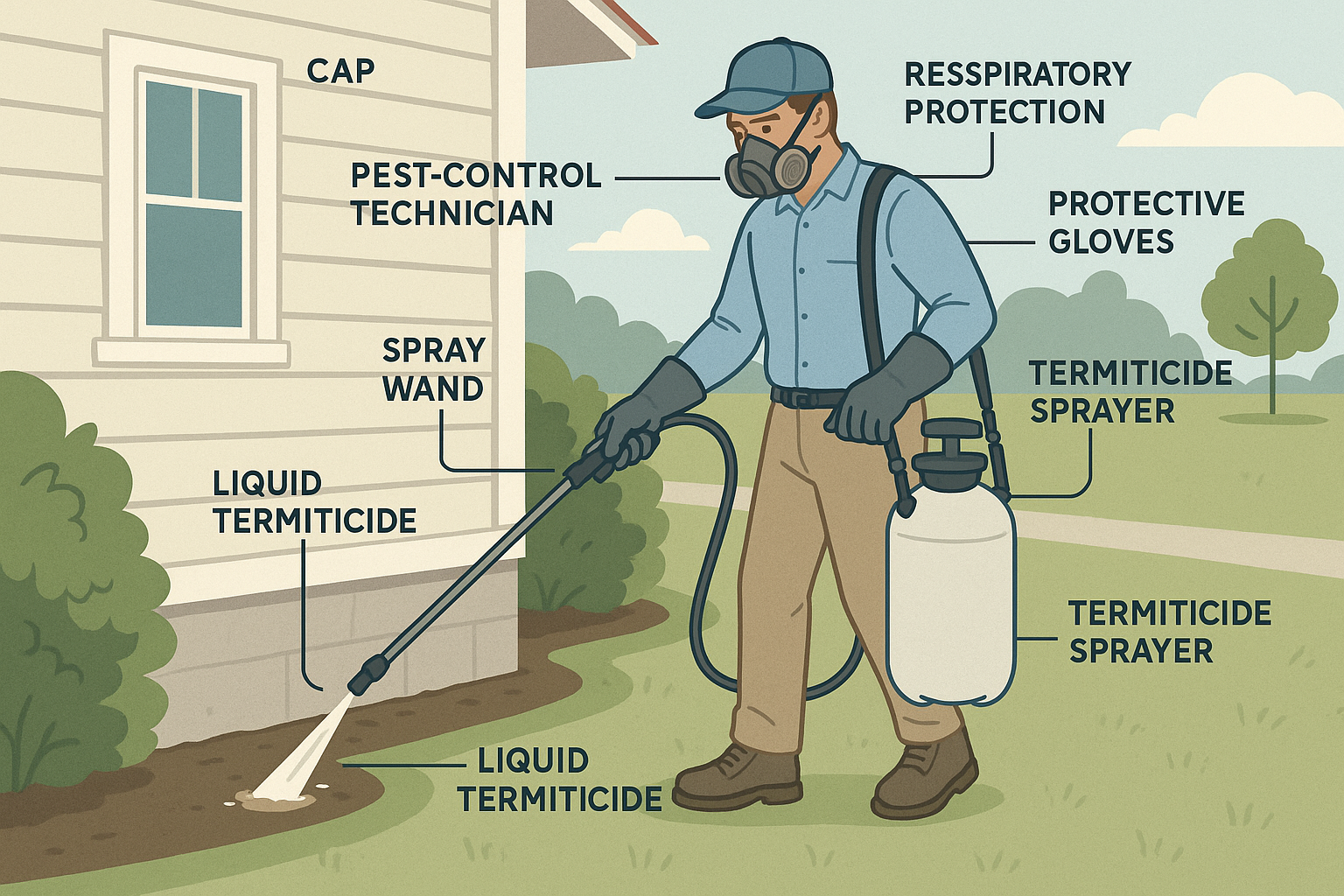 Technician applying liquid termiticide to a home foundation