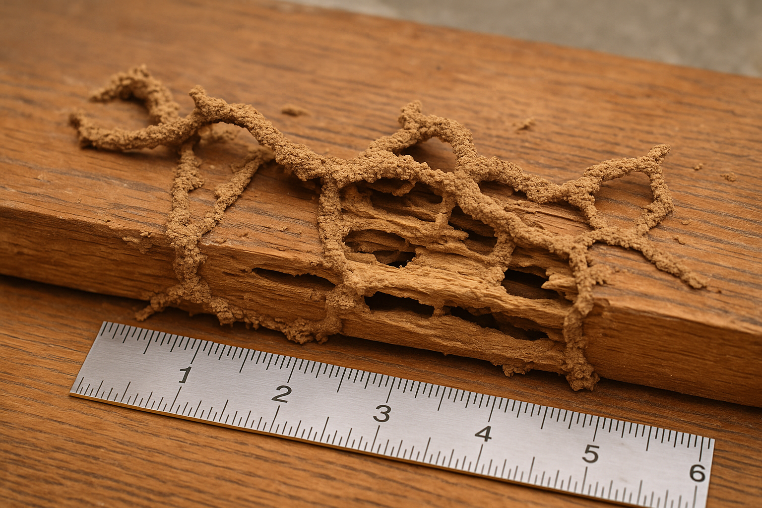 Illustration of common termite signs such as mud tubes, frass, and winged termites