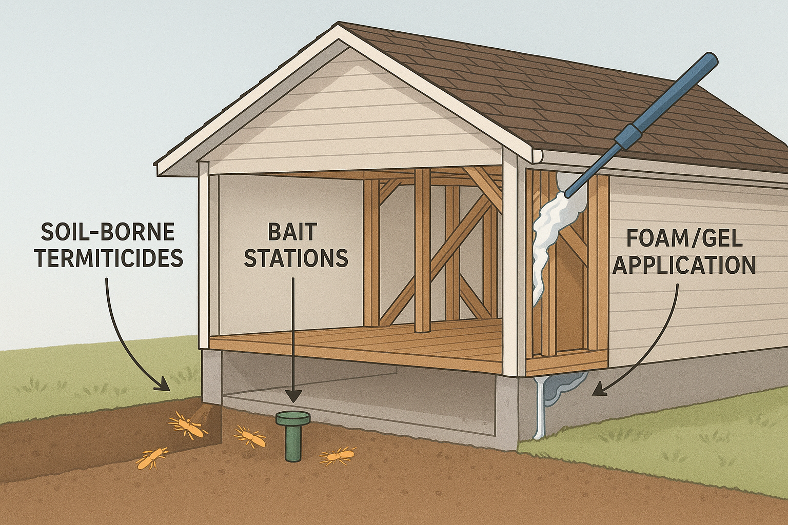 Illustration of soil‑borne termiticide barrier, bait stations, and foam injection methods