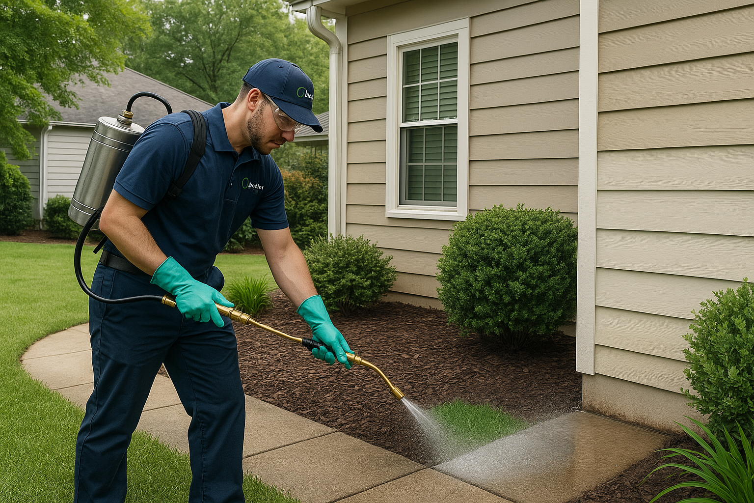 Technician applying low‑odor spray to a home foundation