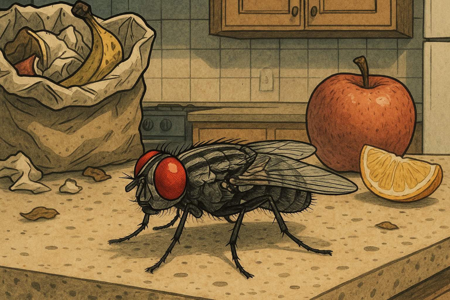 House fly larvae and typical breeding sites in a suburban yard