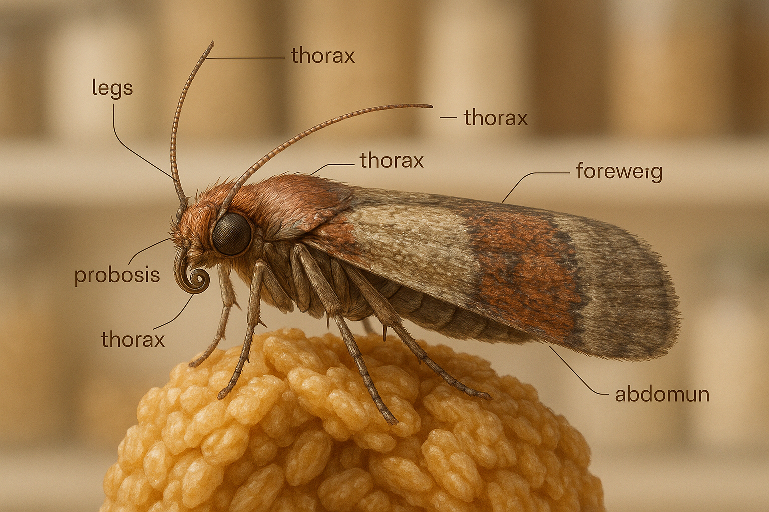 Macro view of a pantry moth perched on grain