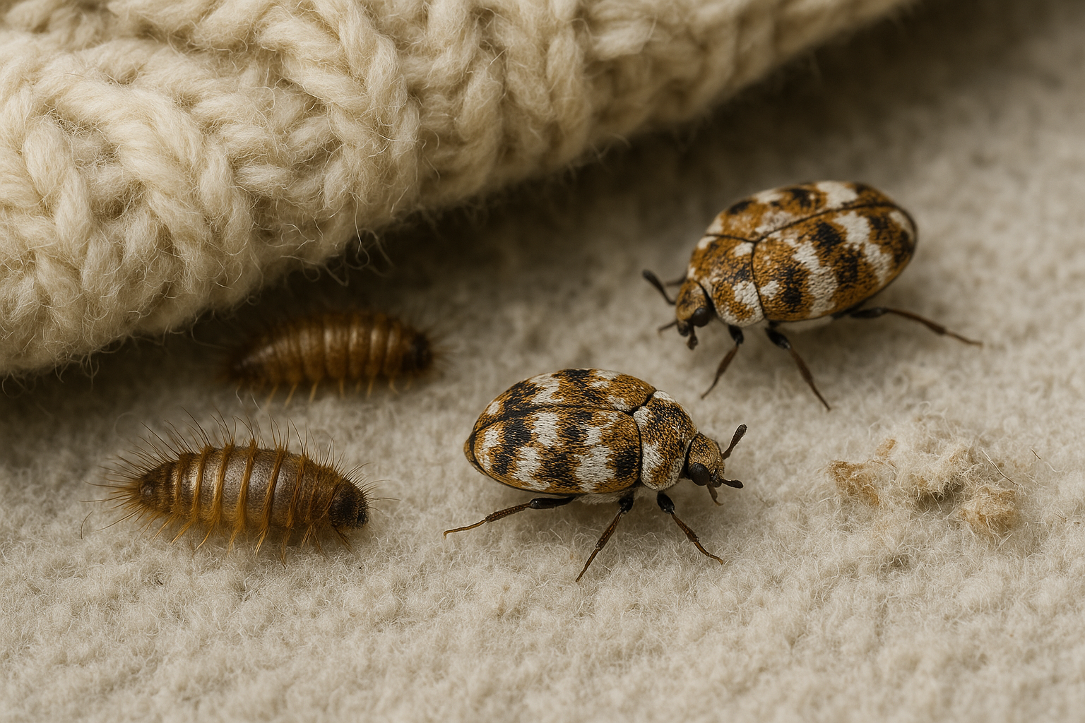 Close‑up of varied and black carpet beetle larvae on a carpet