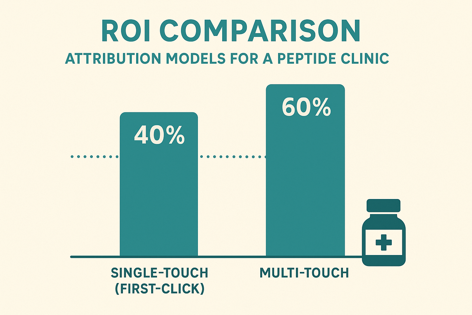 Bar chart comparing ROI percentages for first-click, last-click, and multi-touch attribution models