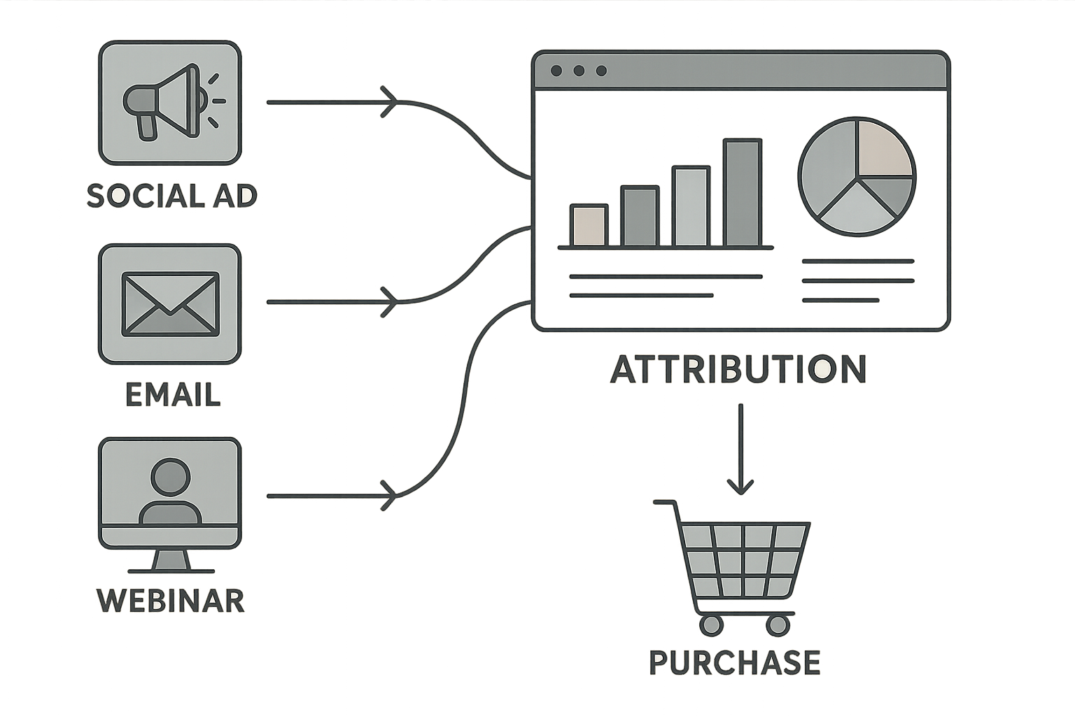 Timeline diagram showing peptide marketing touchpoints feeding into an attribution dashboard