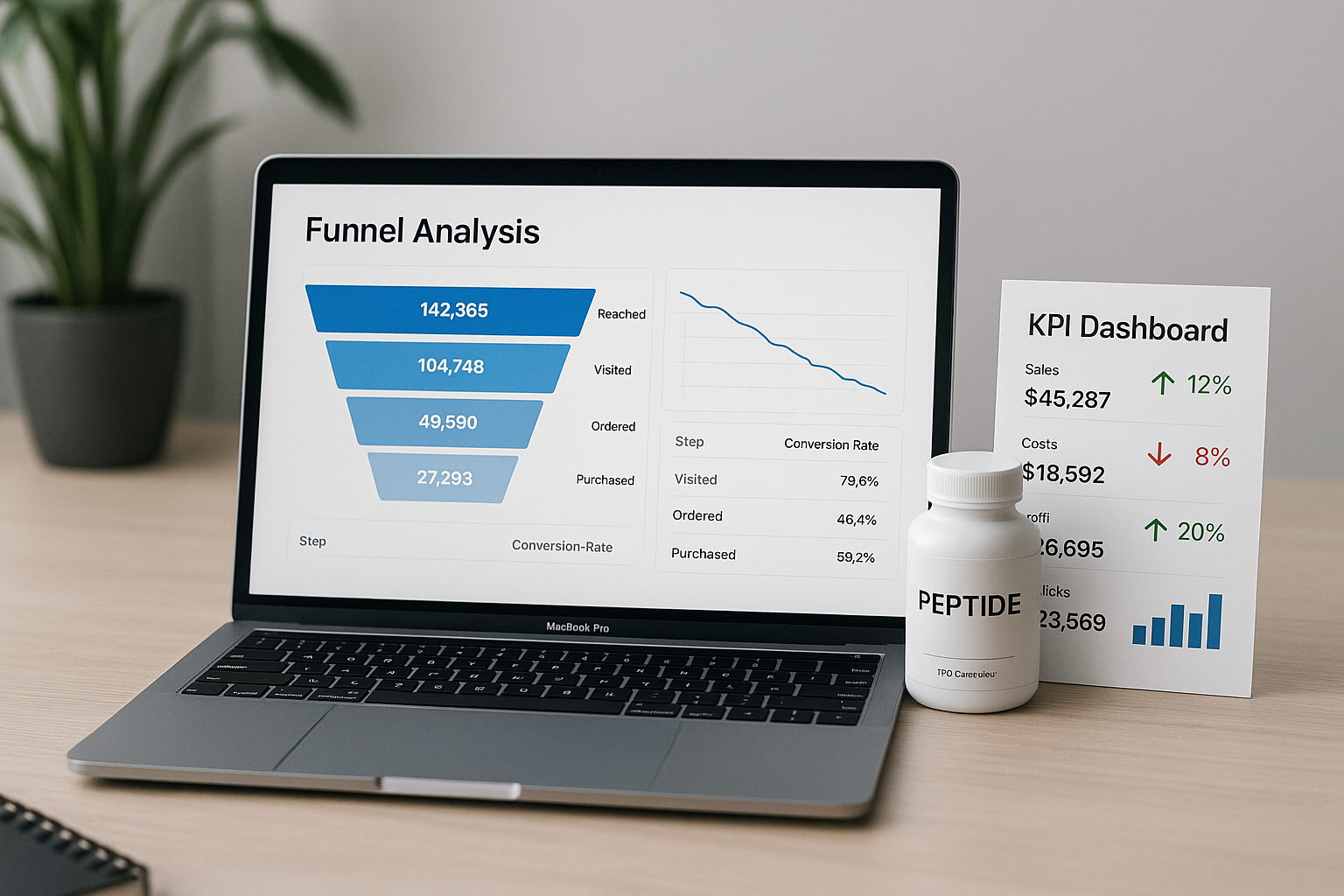 Laptop screen showing funnel analysis for peptide campaign alongside a peptide bottle and KPI dashboard