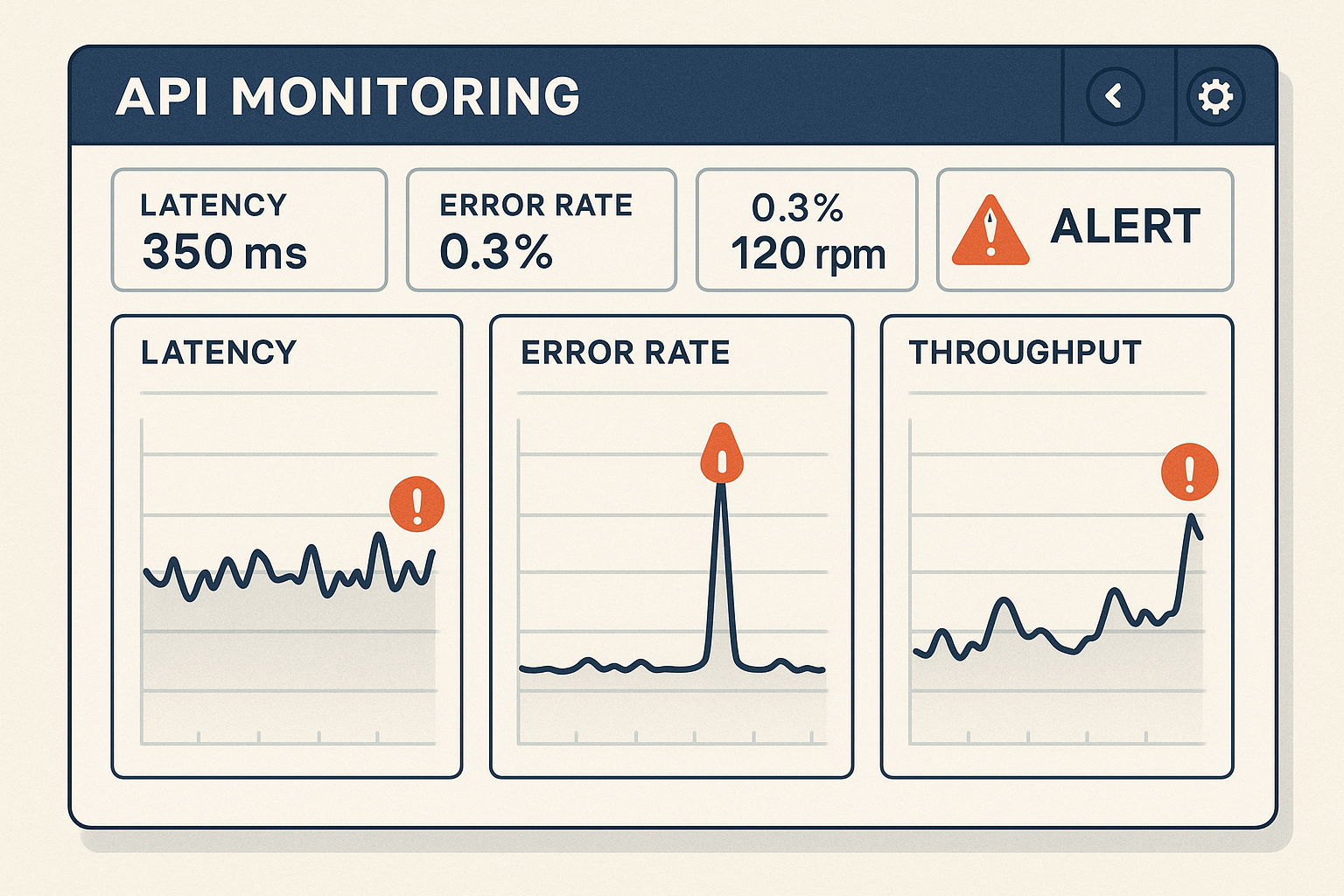 Sample API monitoring dashboard with latency, error heatmap, throughput, and alert panels