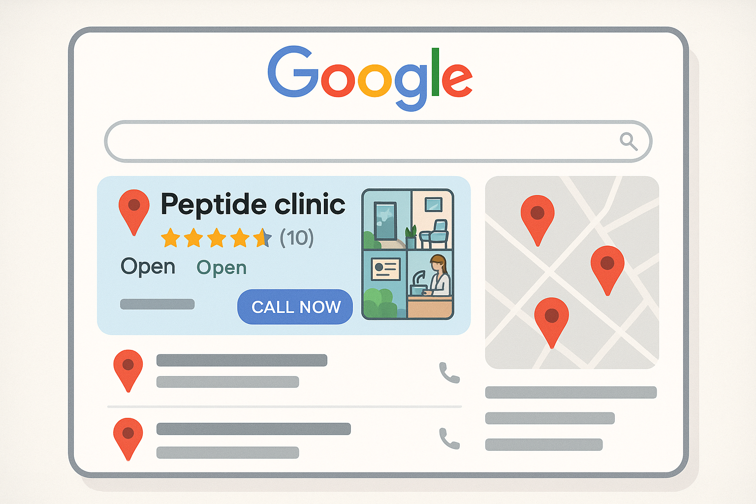 Illustrated local search results for a peptide clinic on Google