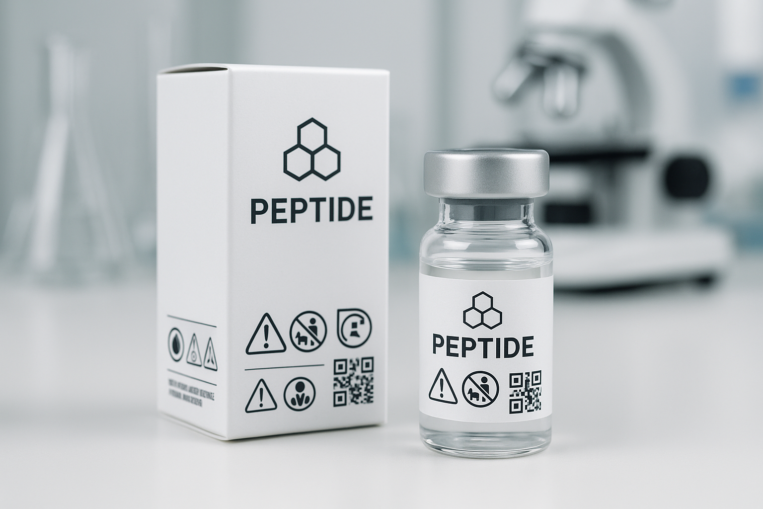 Realistic peptide label and packaging mock‑up showcasing logo, color palette, and FDA compliance elements