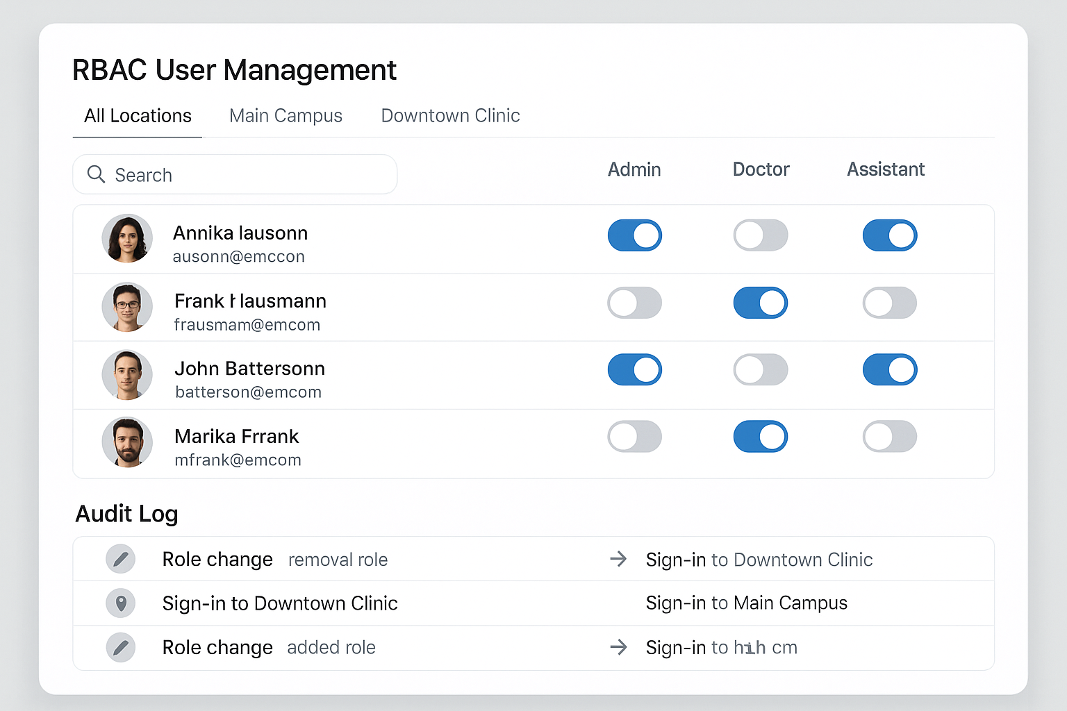 RBAC dashboard mockup showing role creation, user assignment, and permission toggles