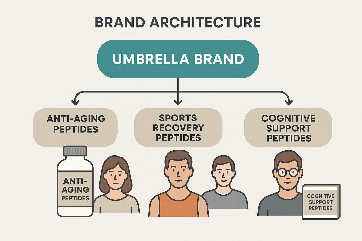Brand architecture diagram showing umbrella brand and three niche lines with distinct labels and packaging