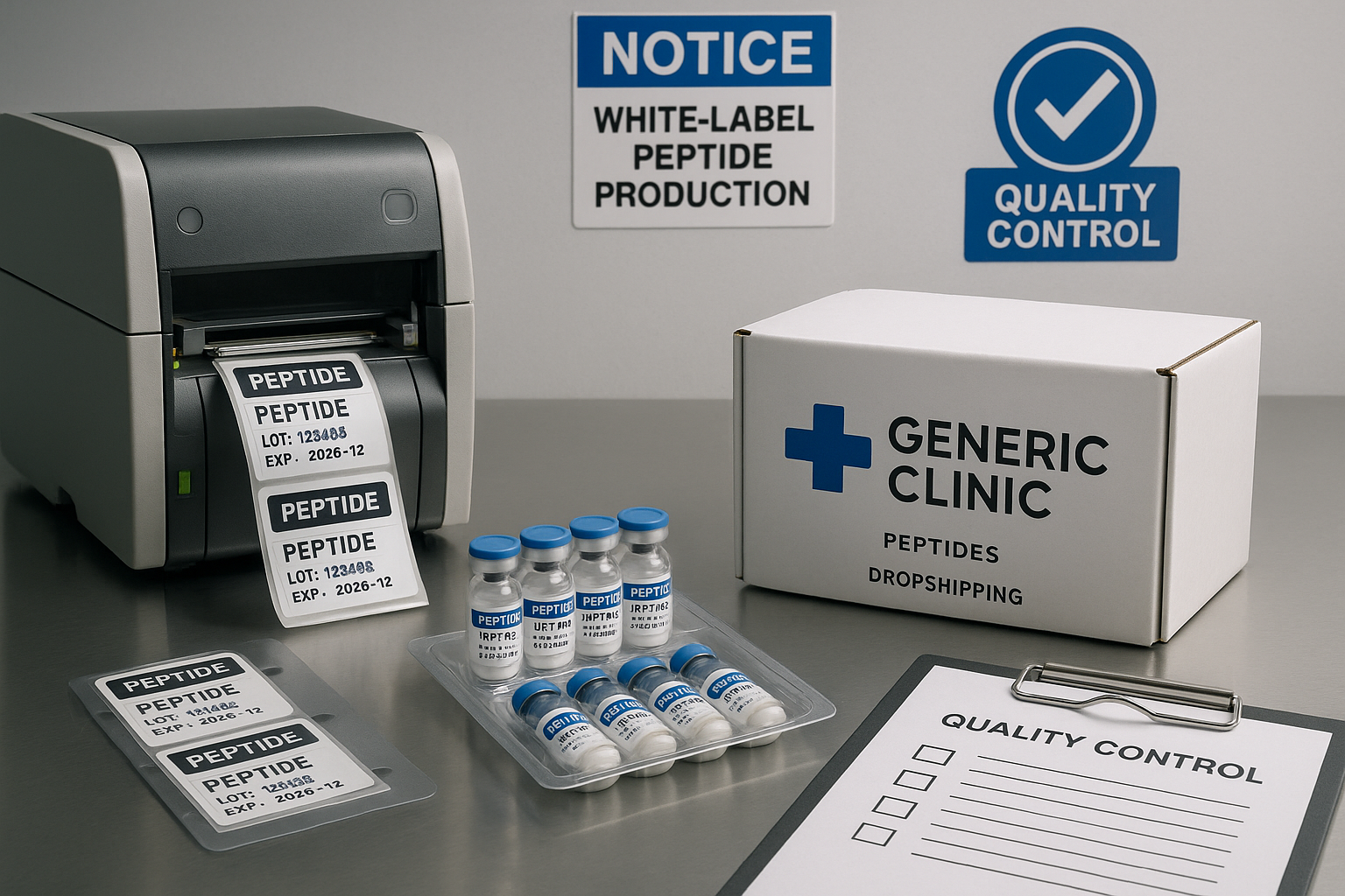 Production line with compliance signage and quality checkpoints