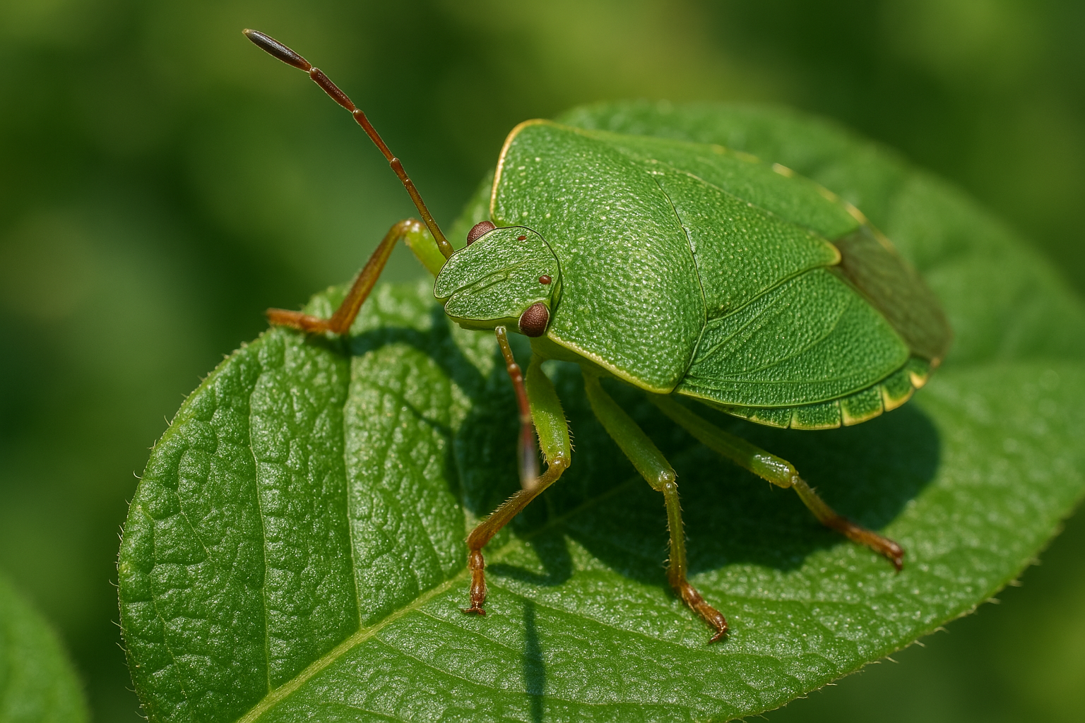 Close‑up of a brown stink bug on a leaf, showing its shield shape and scent glands