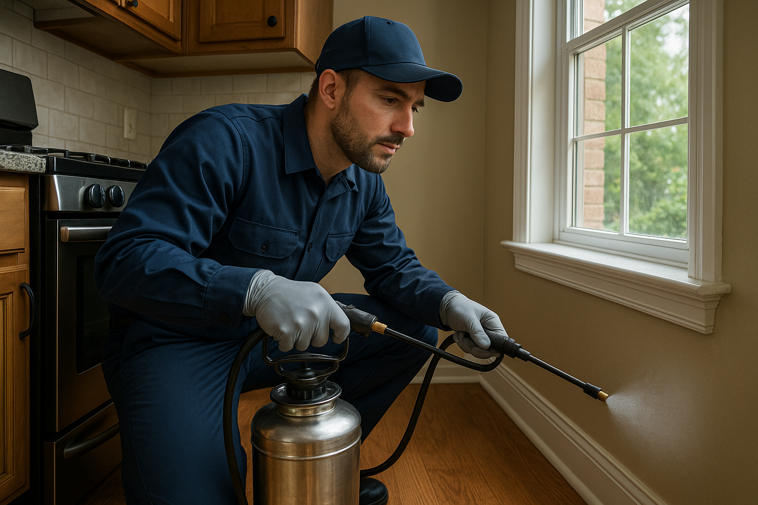 Technician applying perimeter barrier treatment on a Chamblee home