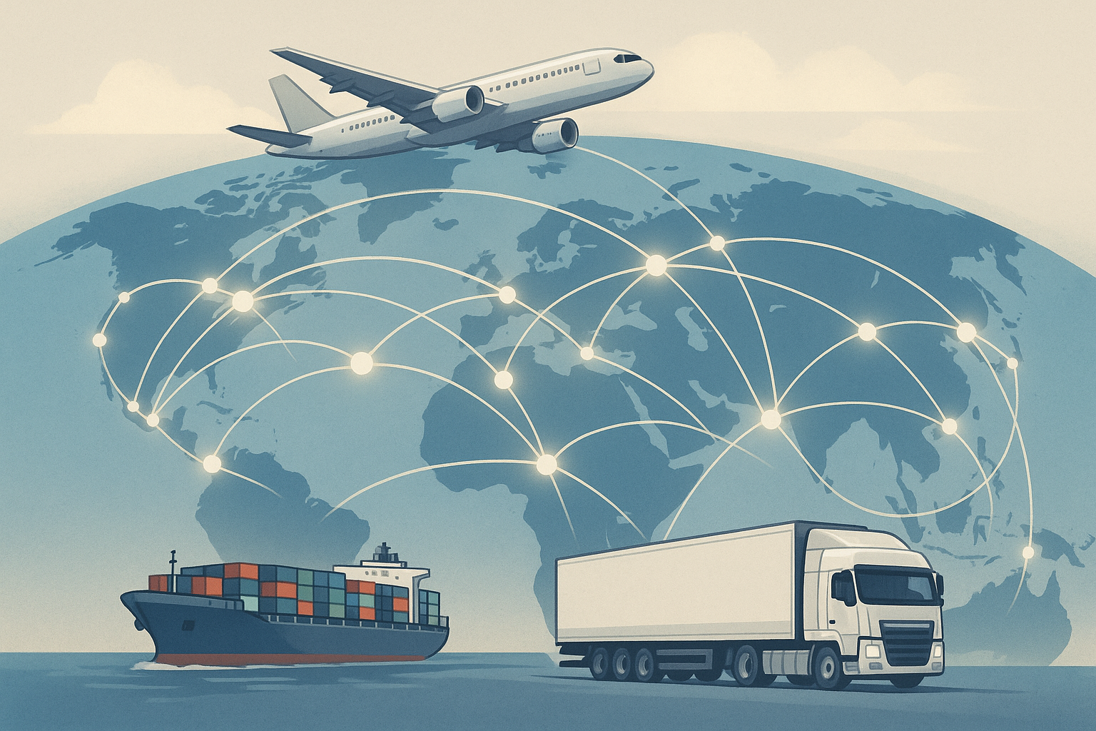 Illustration of a global logistics network showing new trade routes and transport modes