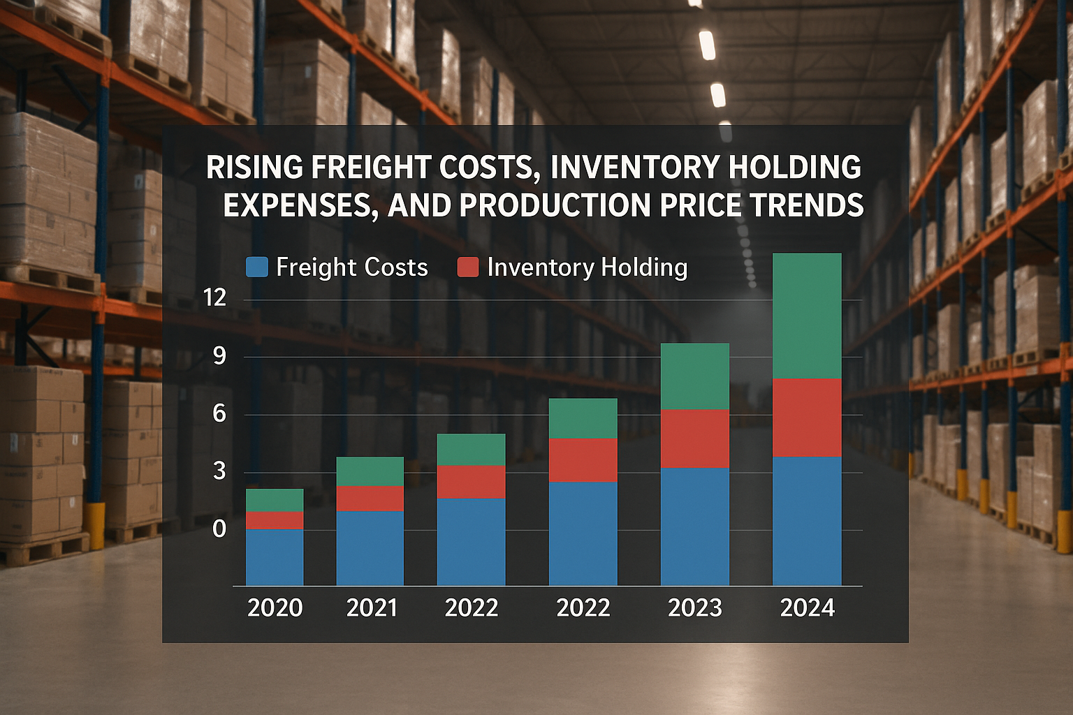 Bar‑chart showing freight rates, inventory holding cost percentages, and raw‑material price indices from 2020 to 2024