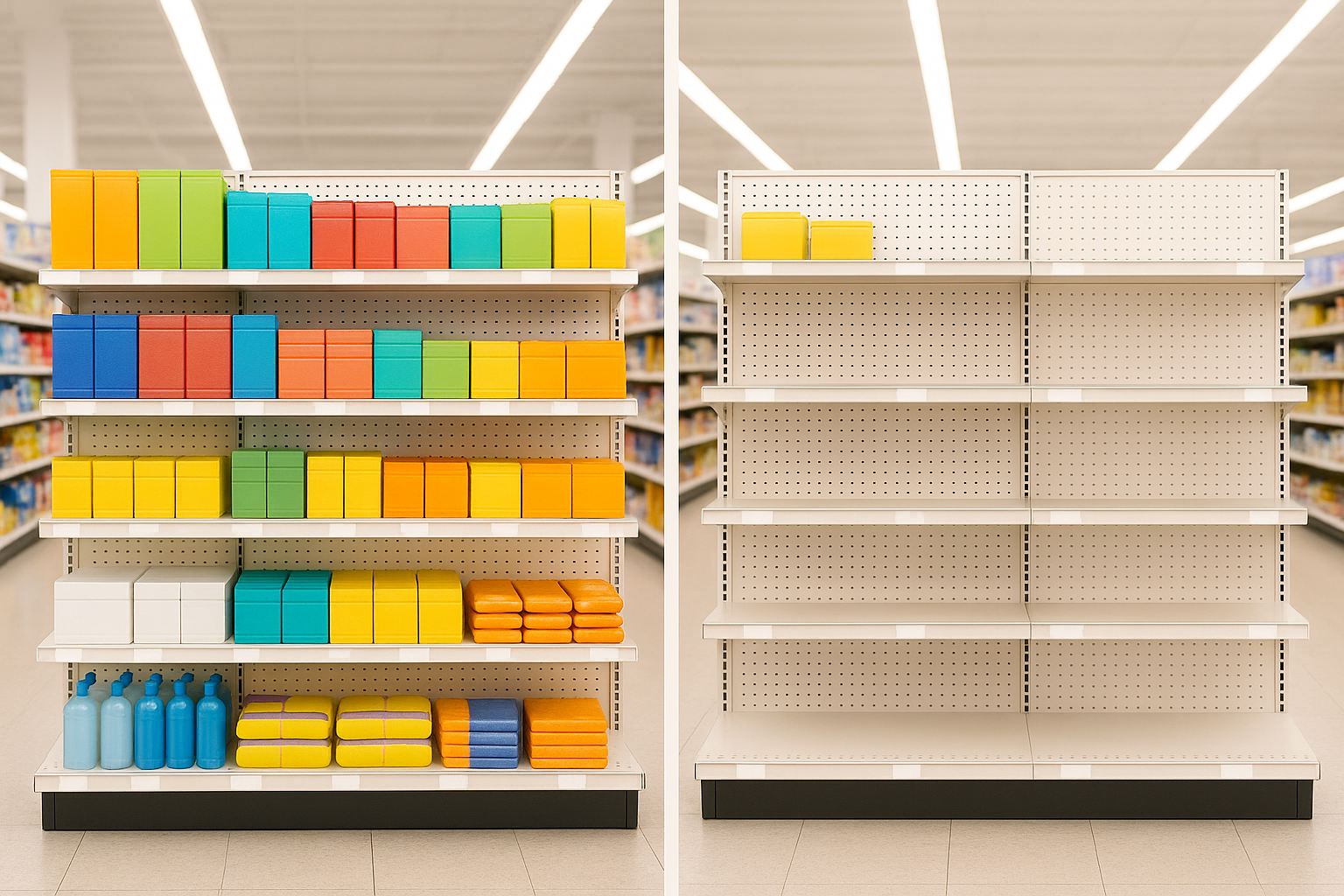 Comparison of well‑stocked retail shelves and empty shelves after supply disruptions