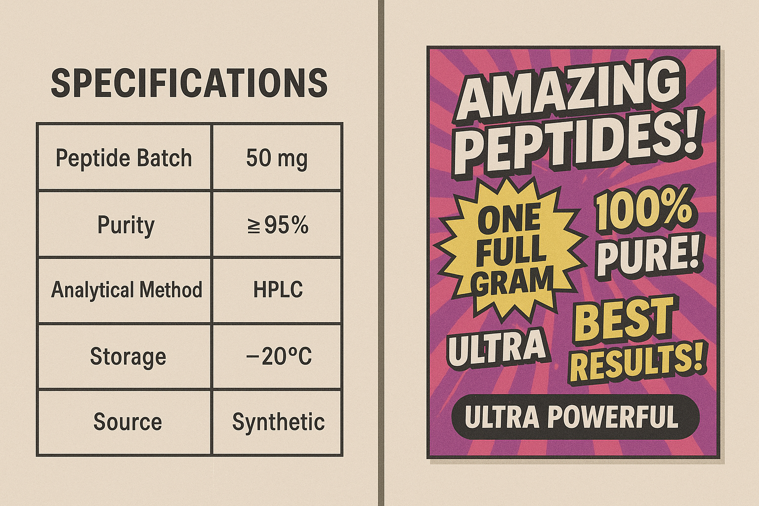 Side‑by‑side view of a detailed batch data table on the left and a colorful marketing flyer on the right