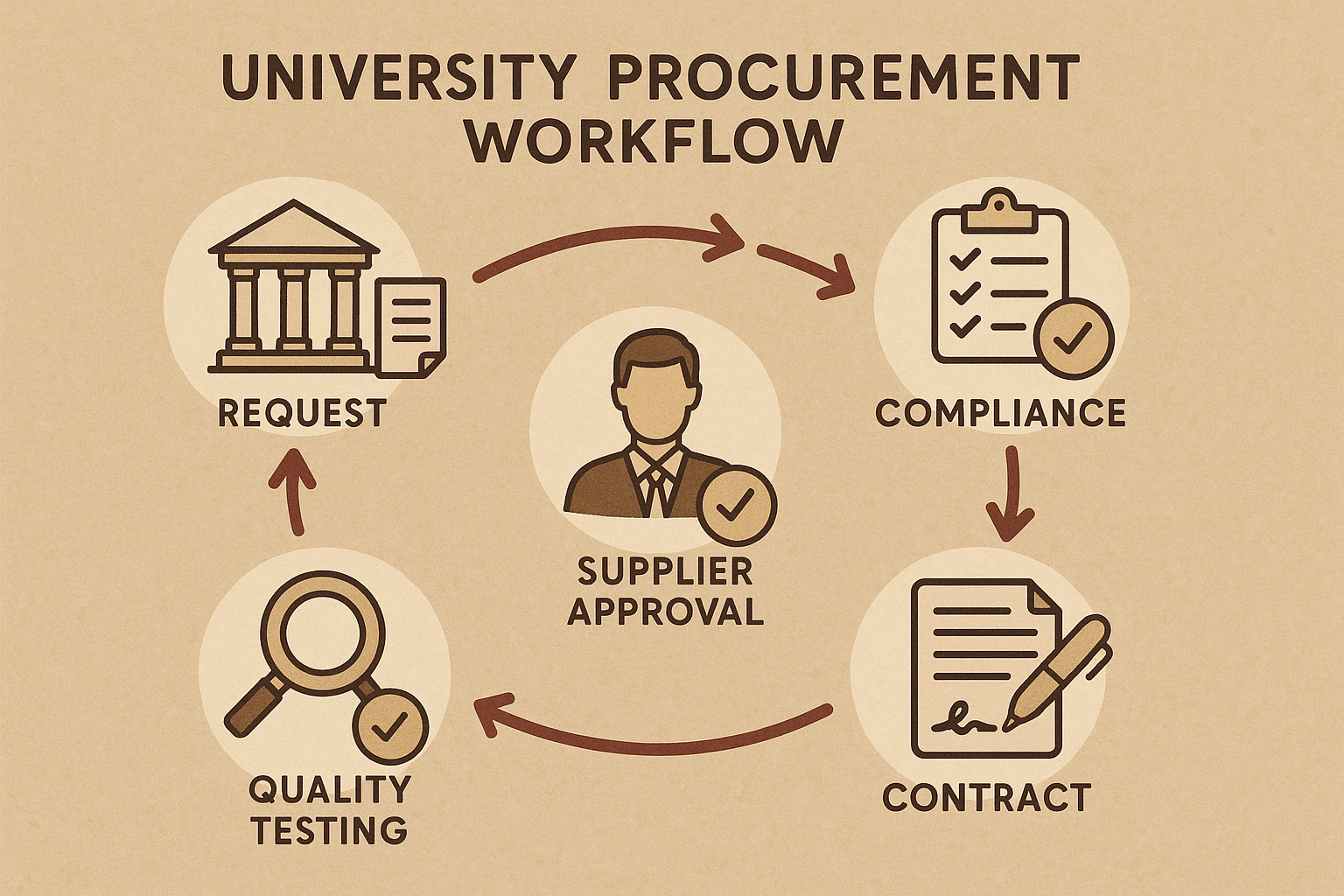 Flowchart of university procurement steps from request to approval