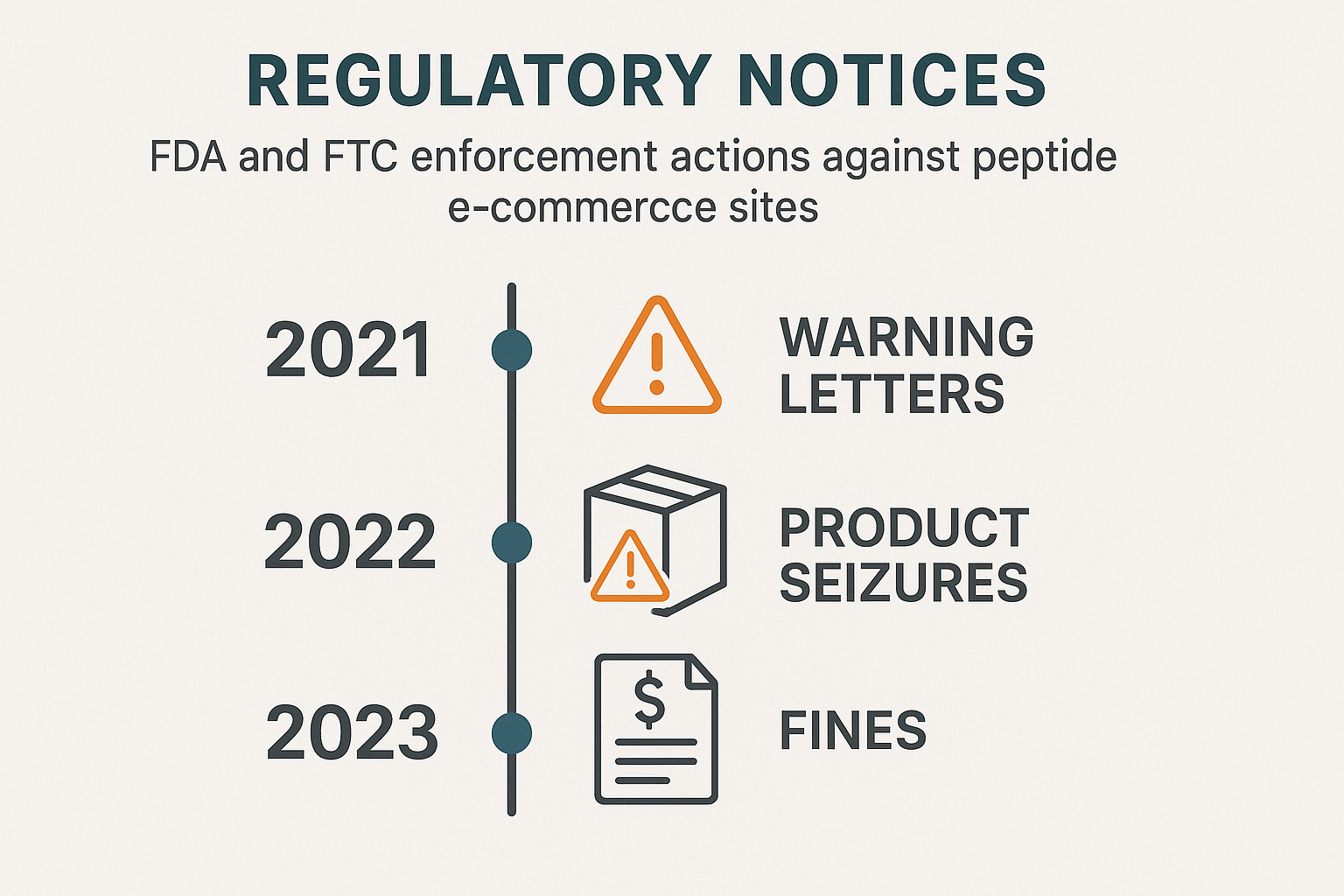 Infographic timeline of FDA and FTC enforcement actions from 2014 to 2024