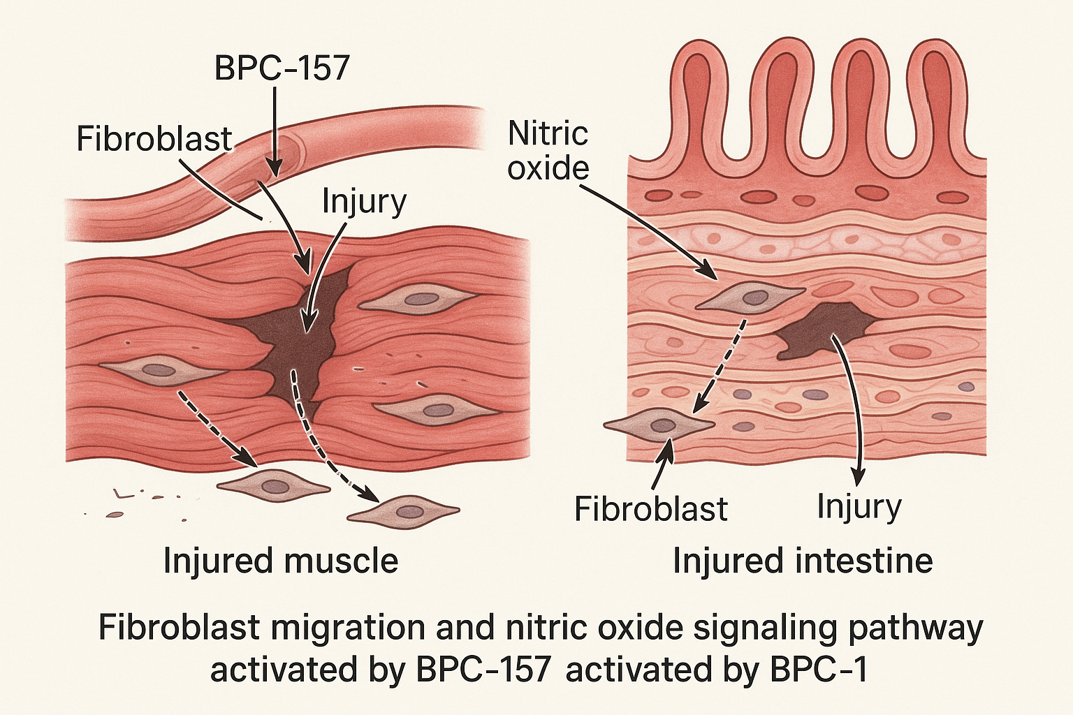 Diagram illustrating BPC-157 mediated pathways in tissue repair