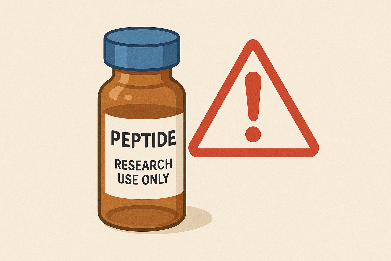 Illustration of a peptide bottle with a compliant Research Use Only label, showing clear warning text, appropriate font size, and a warning icon