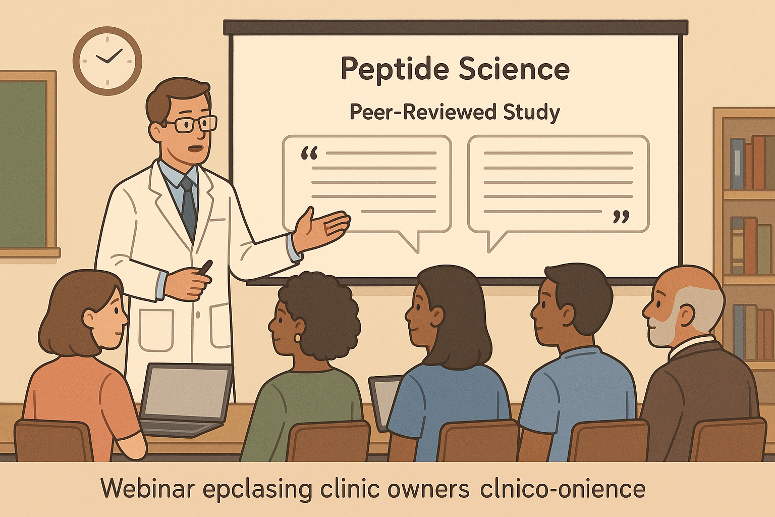 Professional webinar screen showing peptide data and speaker notes