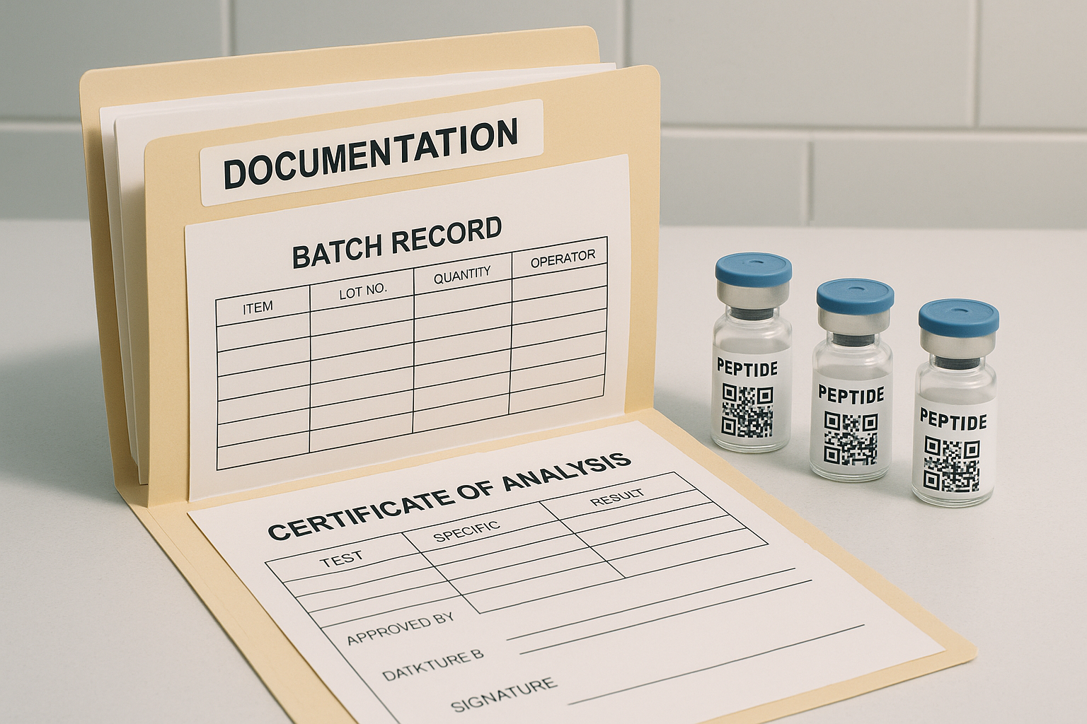 Digital folder view showing batch record, CoA, SDS, and GMP audit report