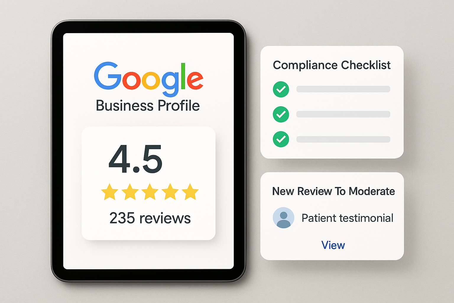 Tablet dashboard displaying aggregated Google Business Profile reviews for multiple clinic locations