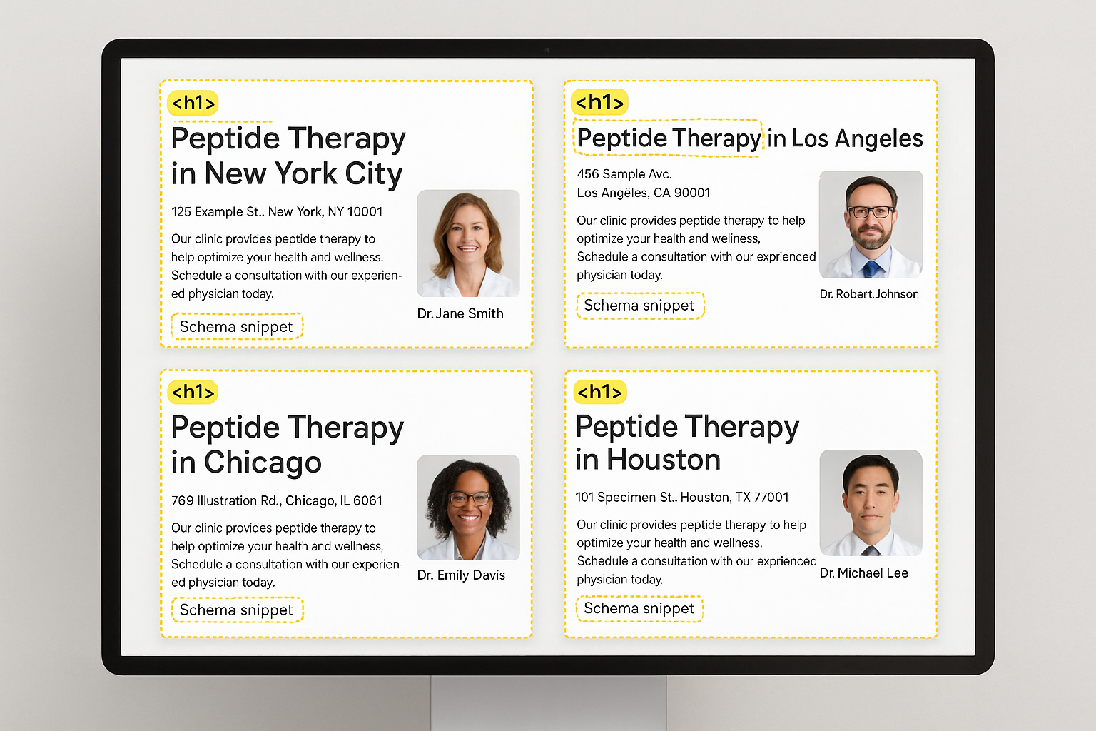 Mock‑up of an optimized local landing page highlighting SEO tags and layout