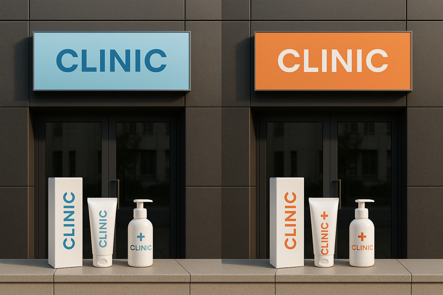 Side‑by‑side comparison of blue and orange clinic branding