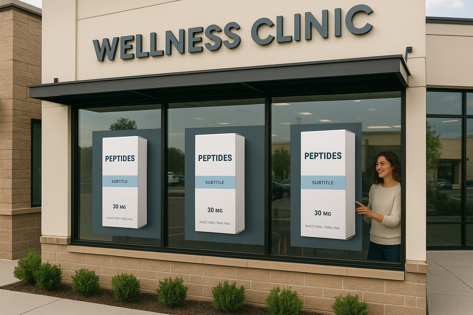 Illustration of a multi‑location clinic storefront displaying branded peptide vials