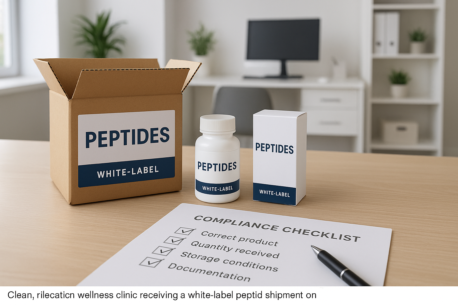 Clinic desk with peptide boxes and compliance checklist